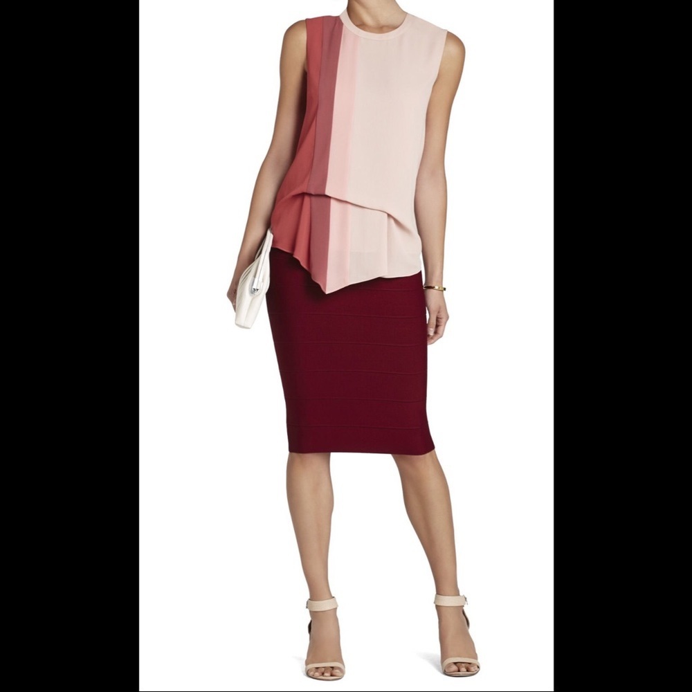 BCBGMAXAZRIA ColorBlock Draped Blouse Top Career Formal Maroon Beige Modern XXS - Picture 6 of 7